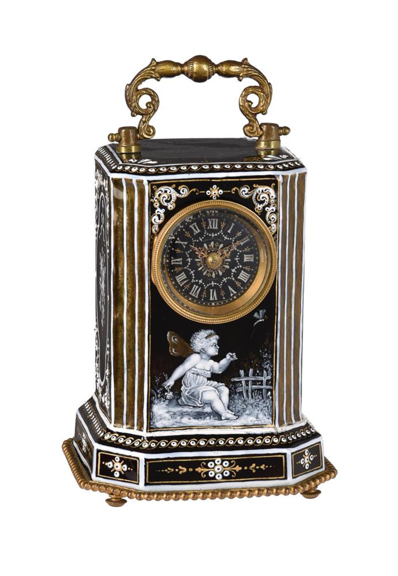 AN UNUSUAL FINE FRENCH LIMOGES ENAMELLED CARRIAGE TIMEPIECE