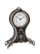 Y AN EDWARDIAN SILVER AND INLAID TORTOISESHELL BALLOON-SHAPED MANTEL TIMEPIECE