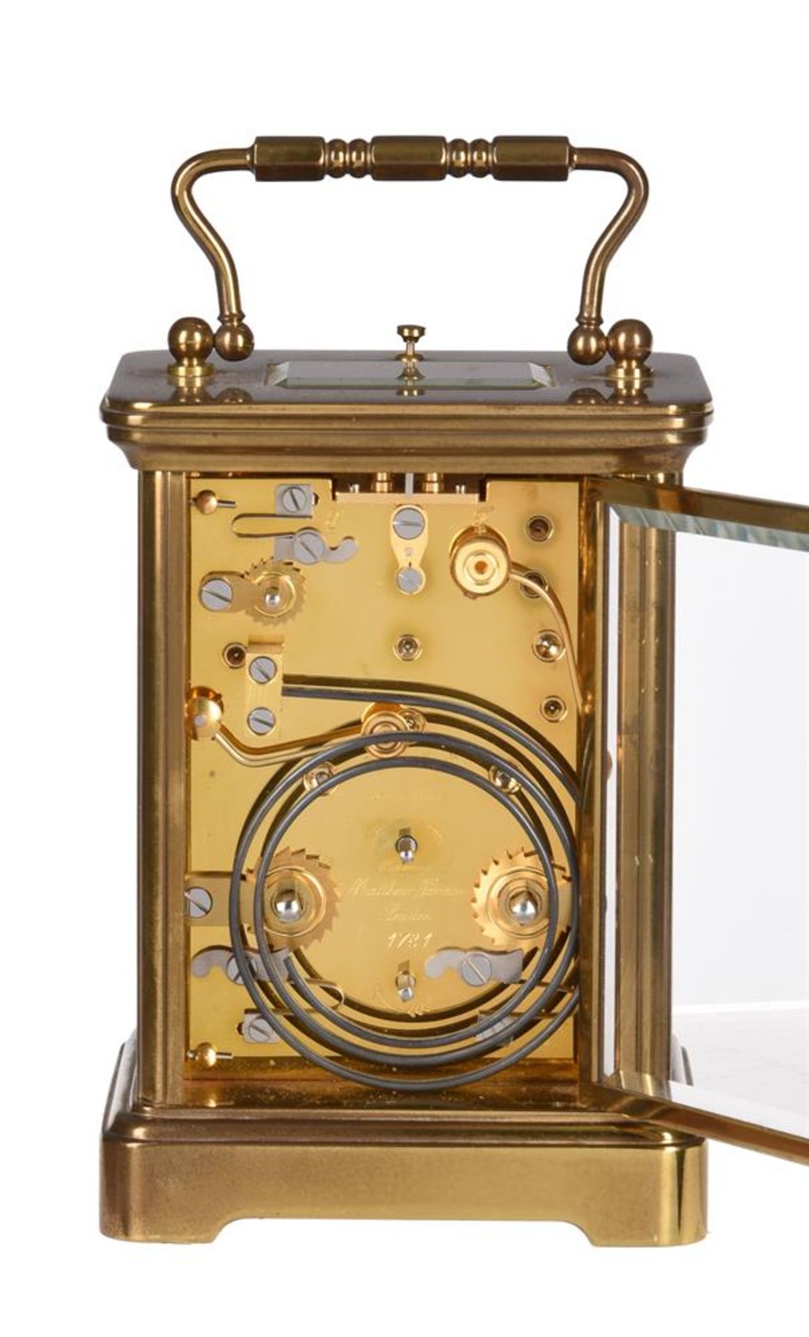 A SWISS LACQUERED BRASS CALENDAR CARRIAGE CLOCK WITH PUSH-BUTTON REPEAT MOONPHASE AND ALARM - Bild 3 aus 3