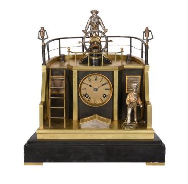 A FRENCH GILT, PATINATED AND SILVERED BRASS NOVELTY ‘QUARTERDECK’ MANTEL CLOCK