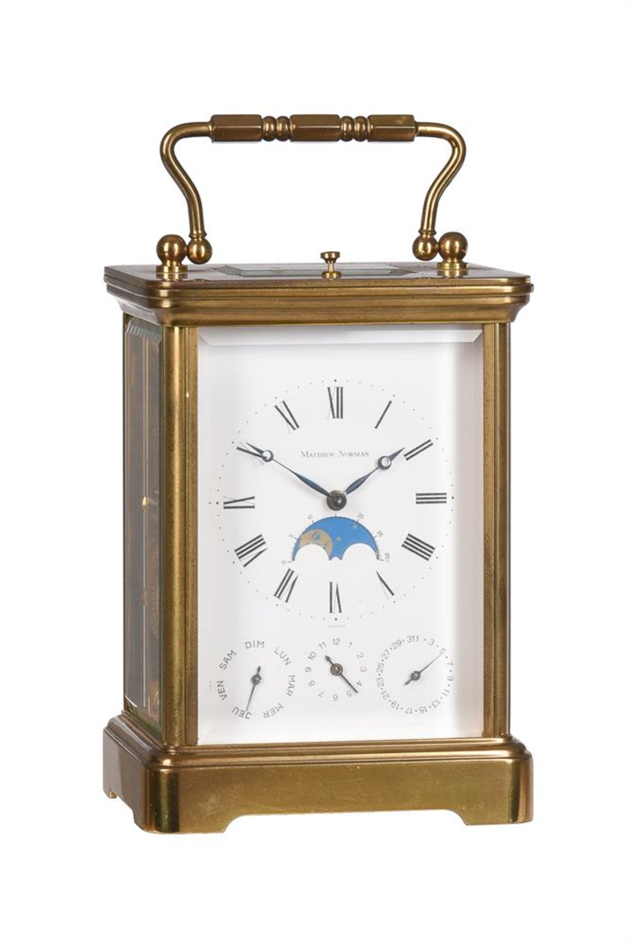 A SWISS LACQUERED BRASS CALENDAR CARRIAGE CLOCK WITH PUSH-BUTTON REPEAT MOONPHASE AND ALARM