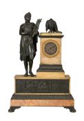 A FINE FRENCH EMPIRE BRONZE AND SIENA MARBLE FIGURAL MANTEL CLOCK OF IMPRESSIVE PROPORTIONS