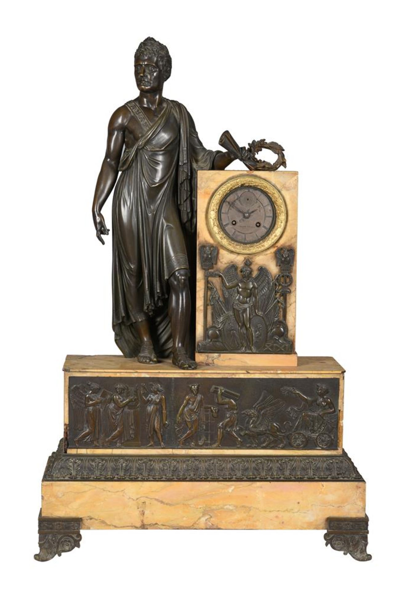 A FINE FRENCH EMPIRE BRONZE AND SIENA MARBLE FIGURAL MANTEL CLOCK OF IMPRESSIVE PROPORTIONS