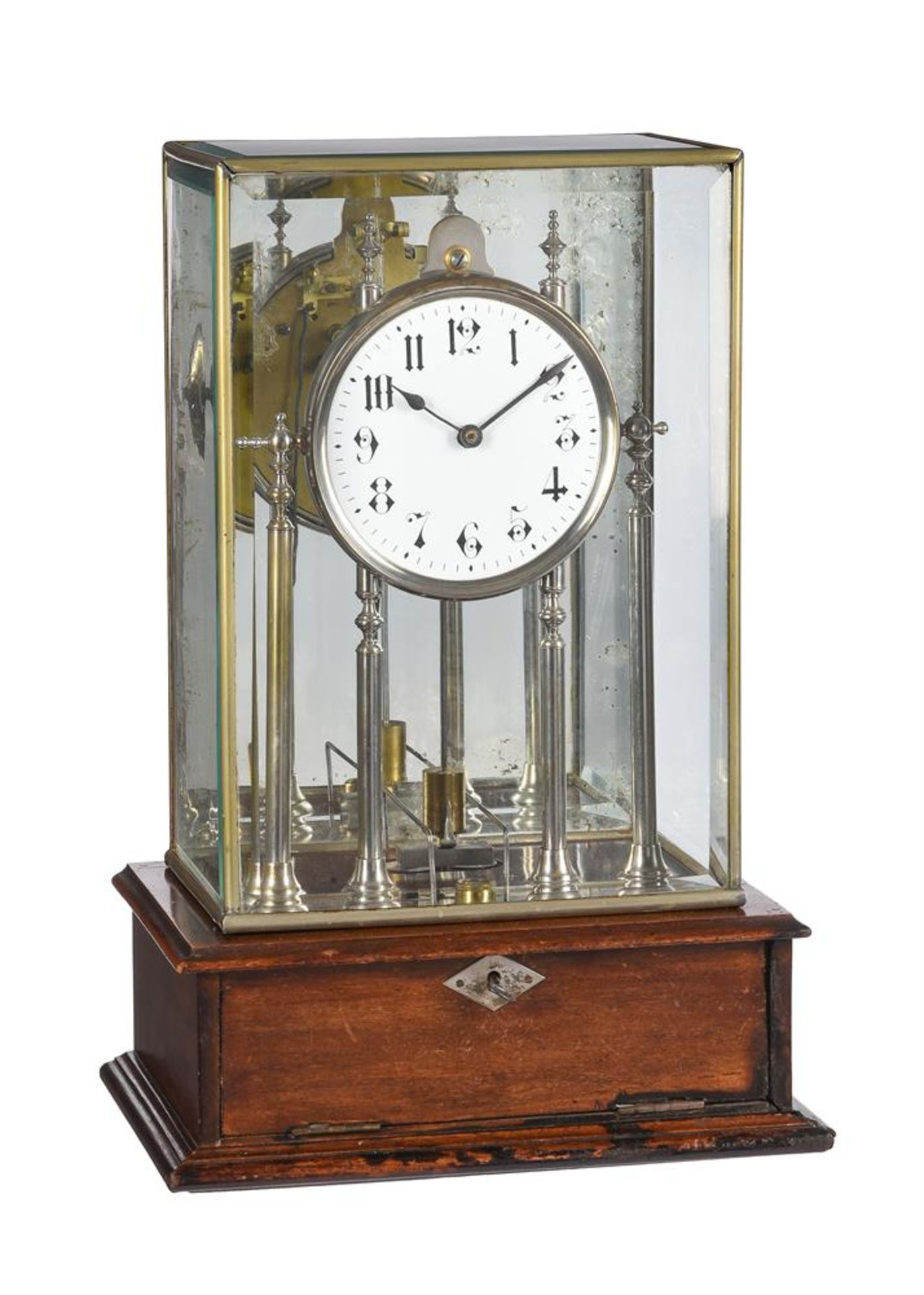 AN ENGLISH NICKEL-PLATED BRASS AND MAHOGANY ELECTRIC TABLE TIMEPIECE