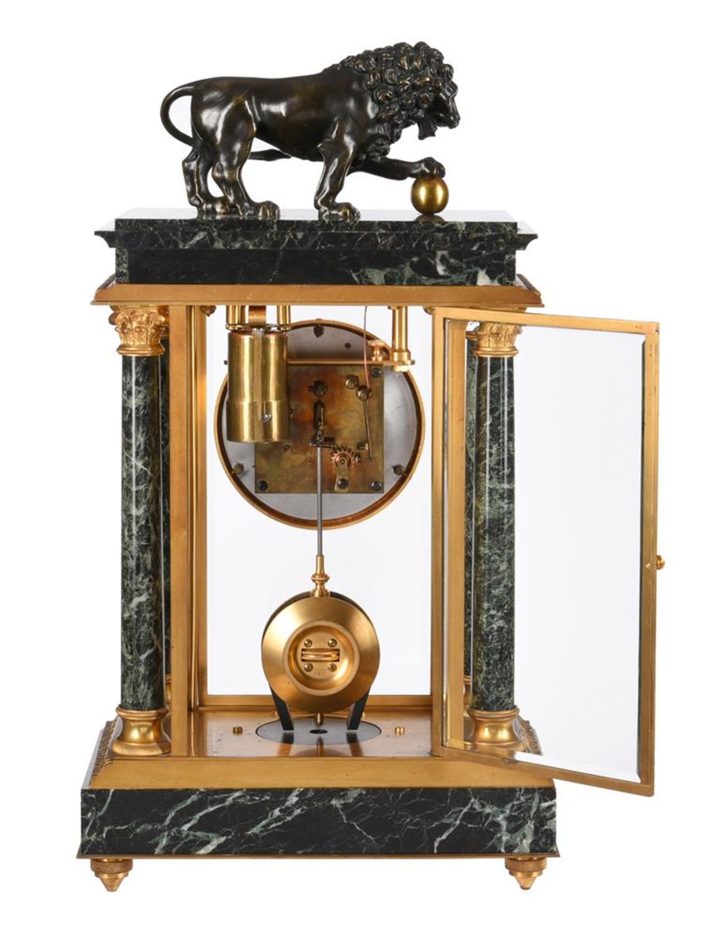 A FINE GILT BRASS, BRONZE AND VERDE ANTICO MARBLE ELECTROMAGNETIC FOUR-GLASS MANTEL TIMEPIECE - Bild 5 aus 7