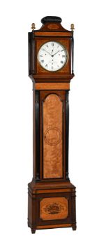 A FINE GEORGE III INLAID SATINWOOD QUARTER-CHIMING EIGHT-DAY LONGCASE CLOCK IN THE SHERATON MANNER