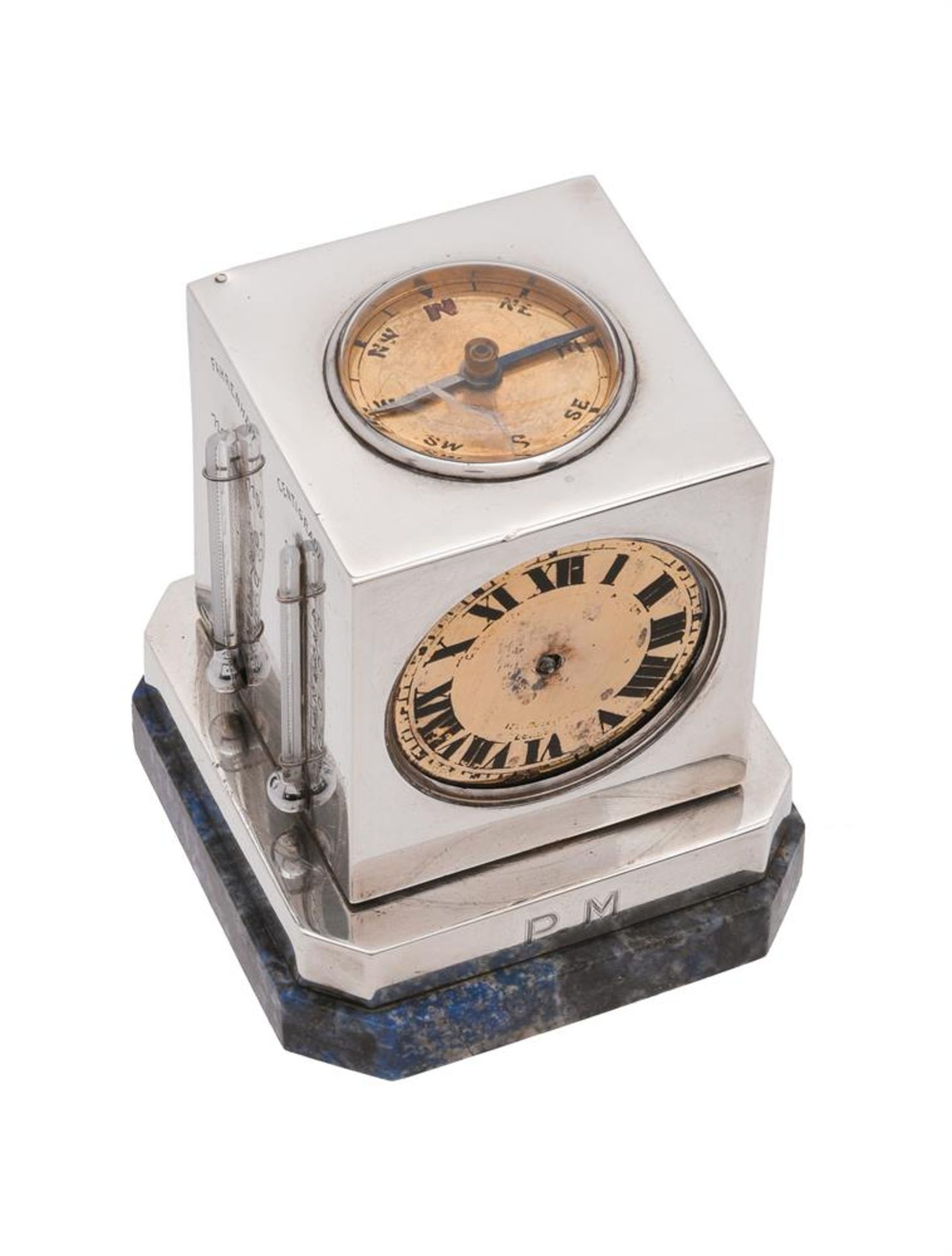 Y A SILVER REVOLVING DESK TIMEPIECE COMPENDIUM WITH BAROMETER, CALENDAR, THERMOMETERS, AND COMPASS - Bild 5 aus 11