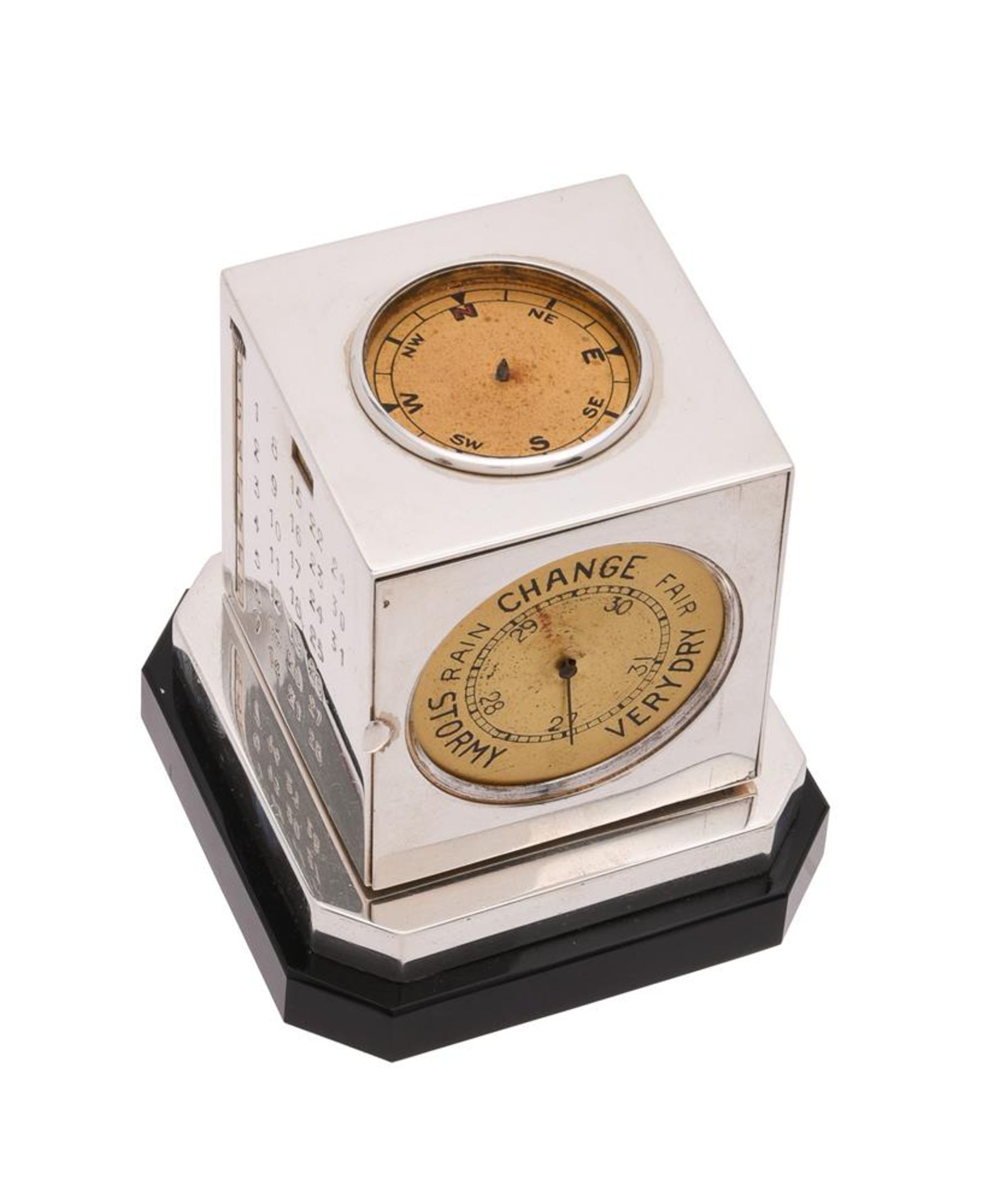 Y A SILVER REVOLVING DESK TIMEPIECE COMPENDIUM WITH BAROMETER, CALENDAR, THERMOMETERS, AND COMPASS - Bild 5 aus 6