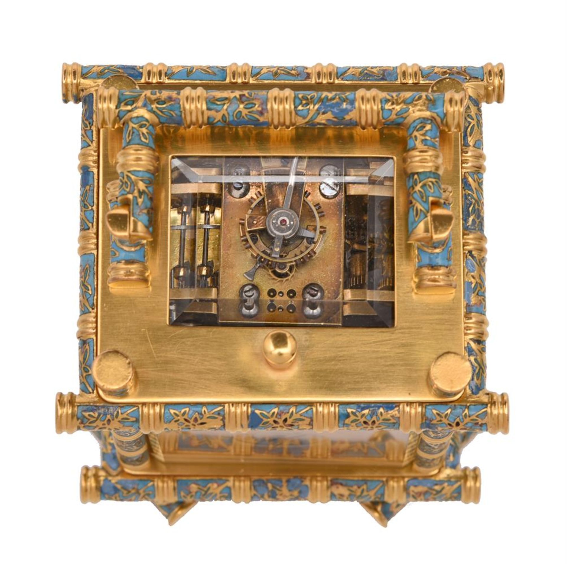 A FINE FRENCH MID-SIZED CHAMPLEVE ENAMELLED GILT BRASS BAMBOO CASED REPEATING ALARM CARRIAGE CLOCK - Bild 2 aus 3