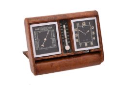 A SWISS LEATHER-CASED TRAVELLING ALARM TIMEPIECE COMPENDIUM WITH BAROMETER AND THERMOMETER