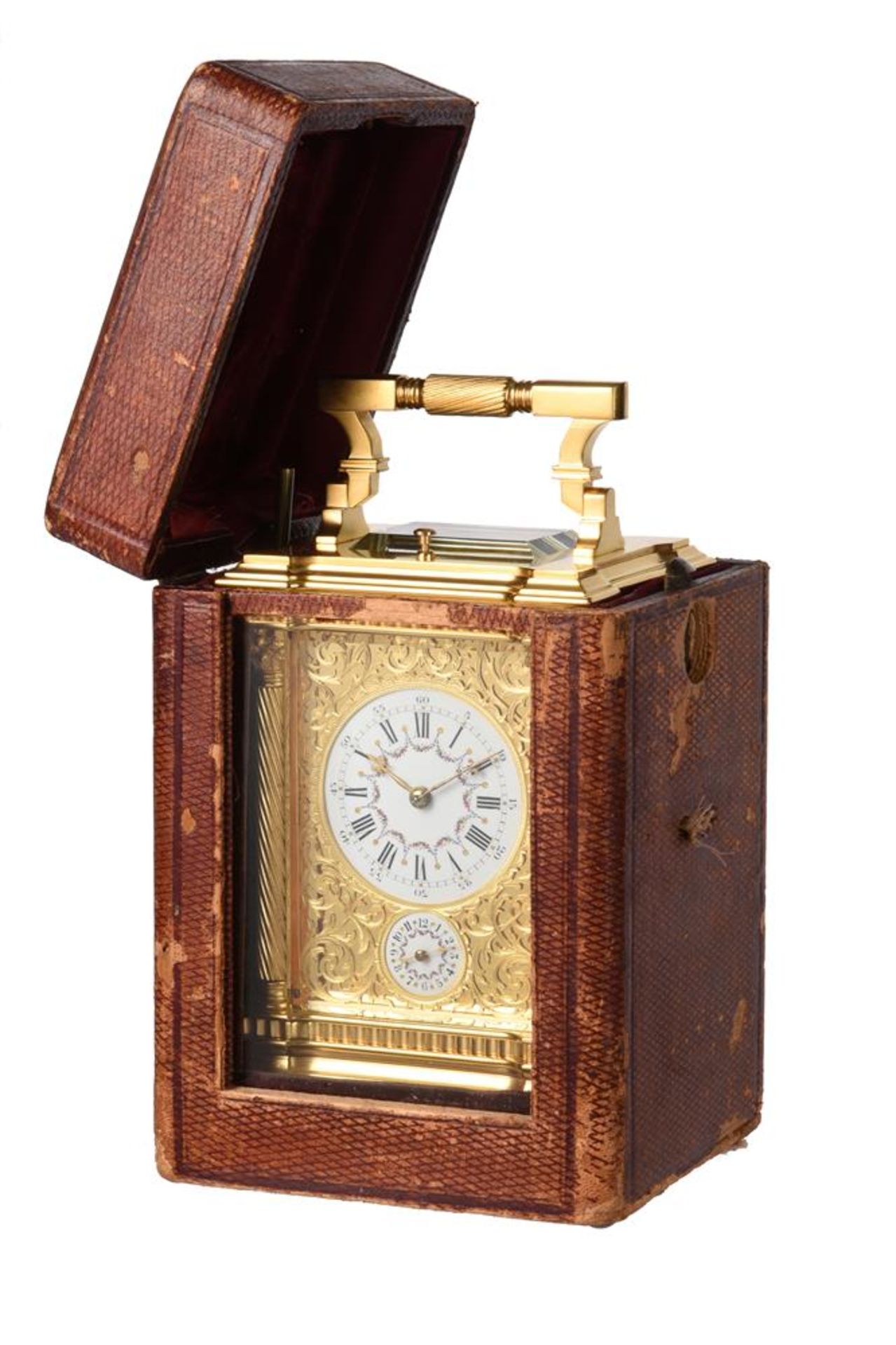 Y A FINE FRENCH GILT FRETWORK AND PORTRAIT MINIATURE INSET GRANDE-SONNERIE ALARM CARRIAGE CLOCK - Bild 7 aus 7