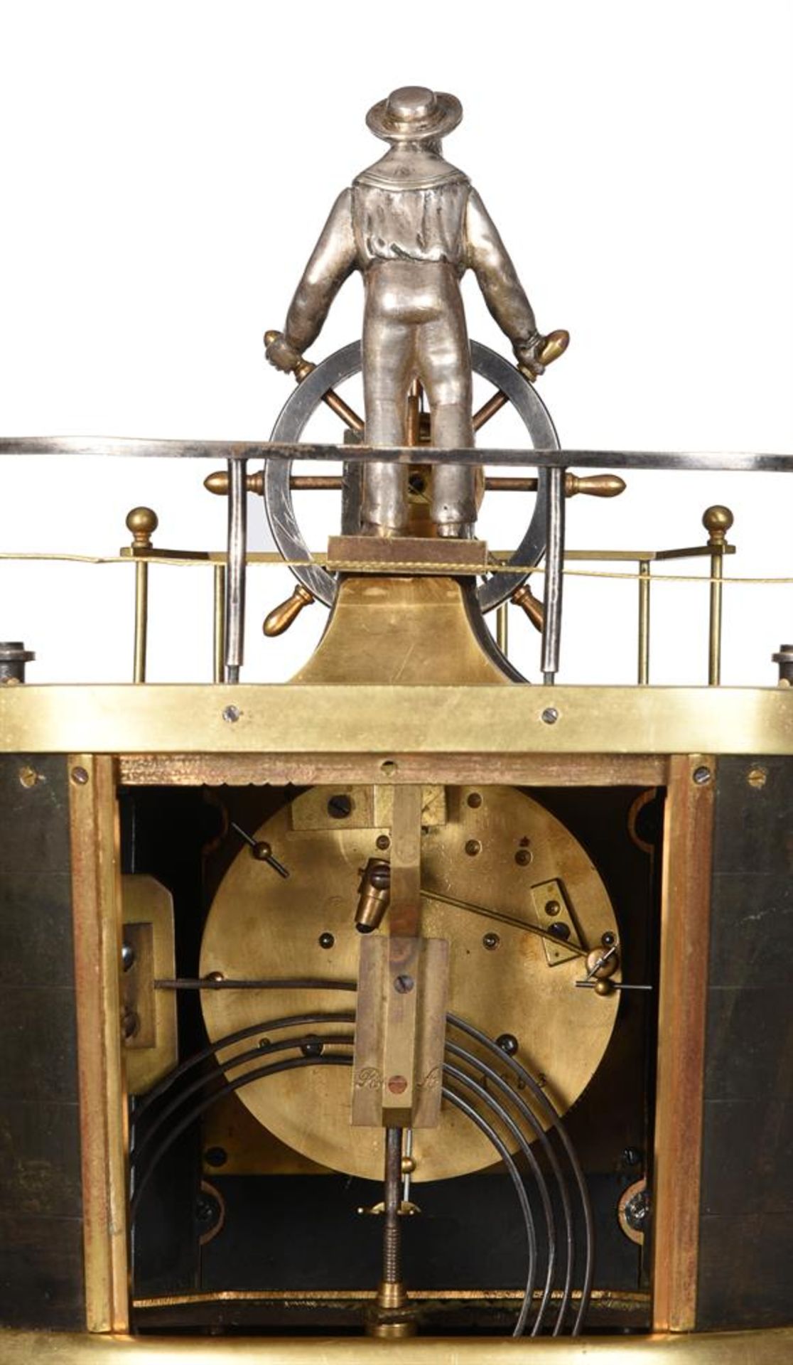 A FRENCH GILT, PATINATED AND SILVERED BRASS NOVELTY ‘QUARTERDECK’ MANTEL CLOCK - Image 3 of 3