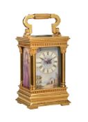 A FINE FRENCH GILT BRASS ANGLAISE RICHE CASED PORCELAIN PANEL INSET MINIATURE CARRIAGE TIMEPIECE