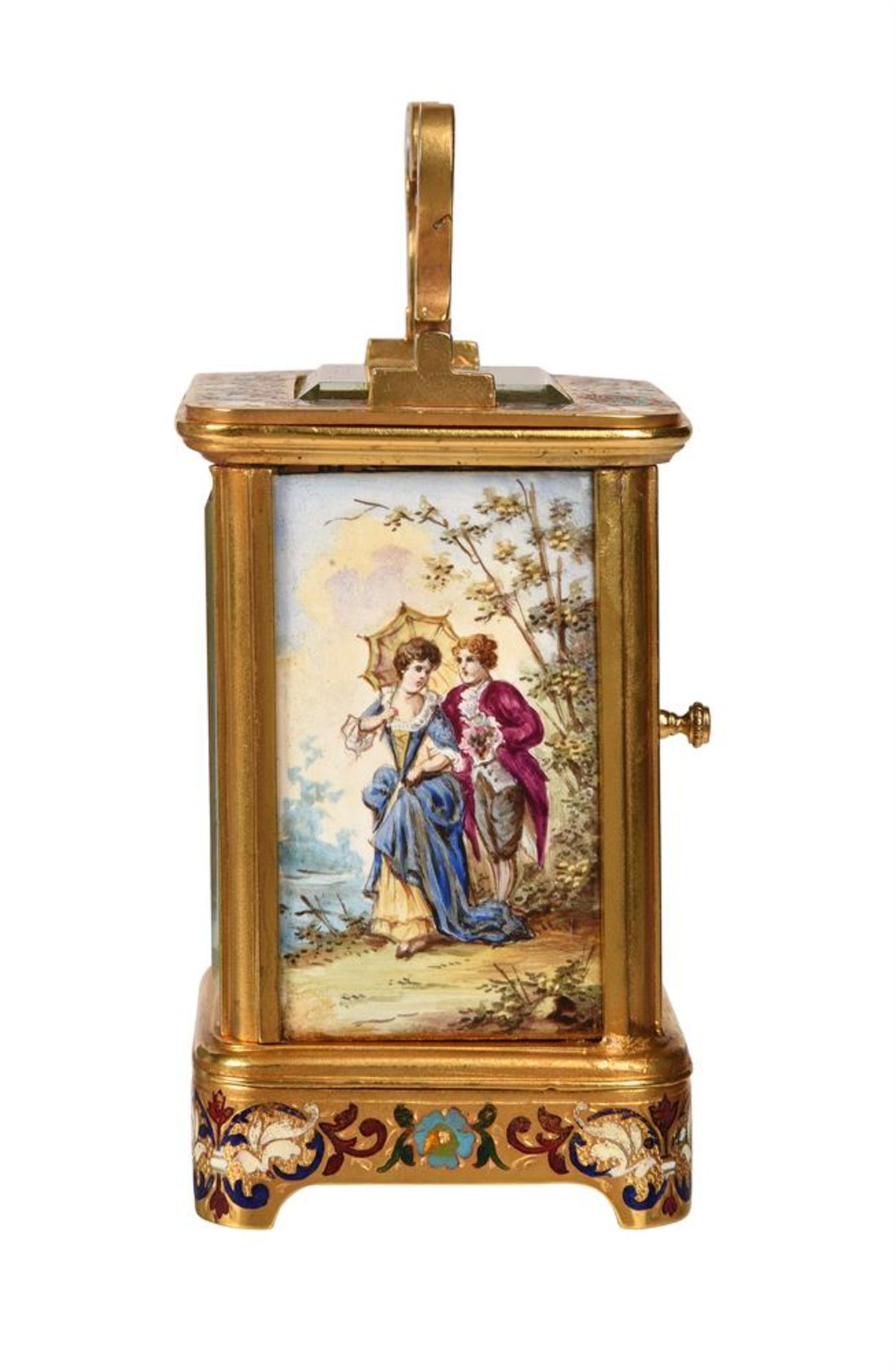 A FINE FRENCH GILT BRASS, CHAMPLEVE ENAMEL AND PAINTED PANEL INSET MINIATURE CARRIAGE TIMEPIECE - Bild 3 aus 5