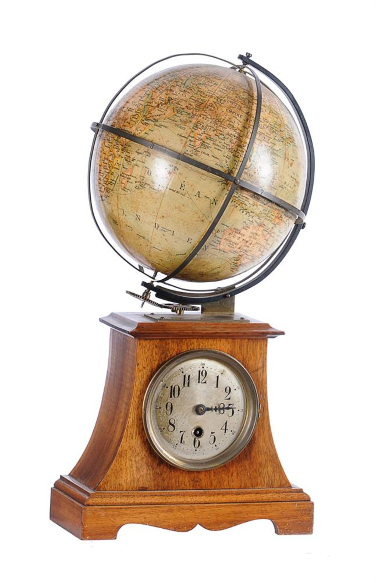 A GERMAN WALNUT TERRESTRIAL GLOBE MANTEL TIMEPIECE