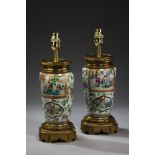 A PAIR OF CANTON EXPORT FAMILLE VERT PORCELAIN VASES, LATE 19TH CENTURY AND LATER FITTED AS LAMPS