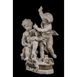 A CARVED WHITE ALABASTER FIGURAL GROUP OF TWO PUTTI 18TH/19TH CENTURY