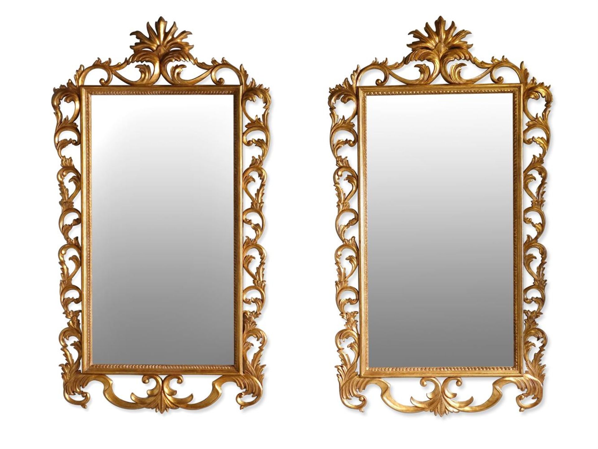 A LARGE PAIR OF ITALIAN CARVED GILTWOOD WALL MIRRORS, IN 18TH CENTURY STYLE, 20TH CENTURY