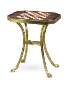 A GILT METAL AND SPECIMEN MARBLE CHESS-BOARD INSET OCCASIONAL TABLE, LATE 19TH CENTURY