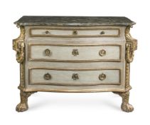 AN ITALIAN PAINTED AND PARCEL GILT COMMODE, CIRCA 1760, ROMAN