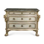 AN ITALIAN PAINTED AND PARCEL GILT COMMODE, CIRCA 1760, ROMAN