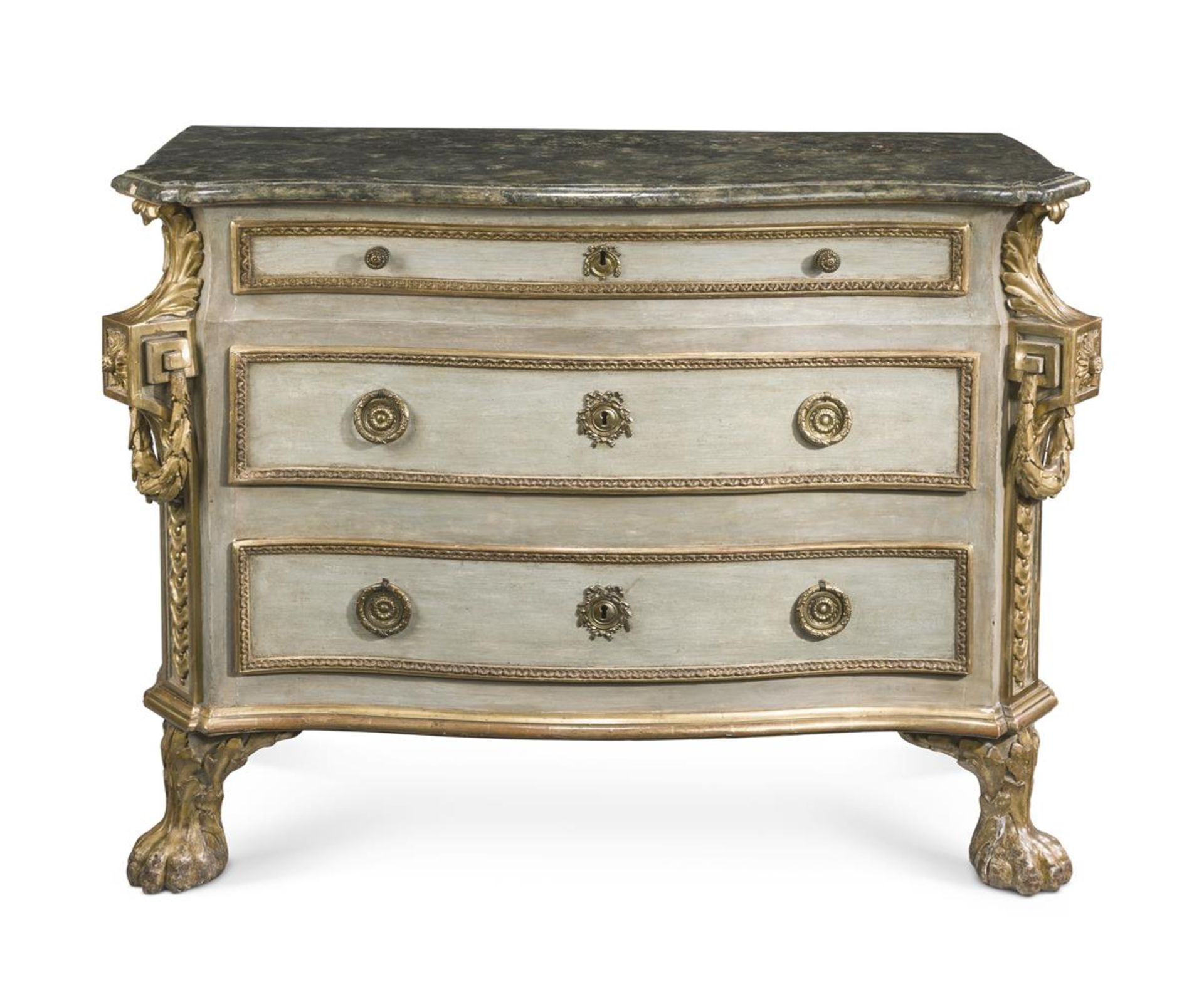 AN ITALIAN PAINTED AND PARCEL GILT COMMODE, CIRCA 1760, ROMAN