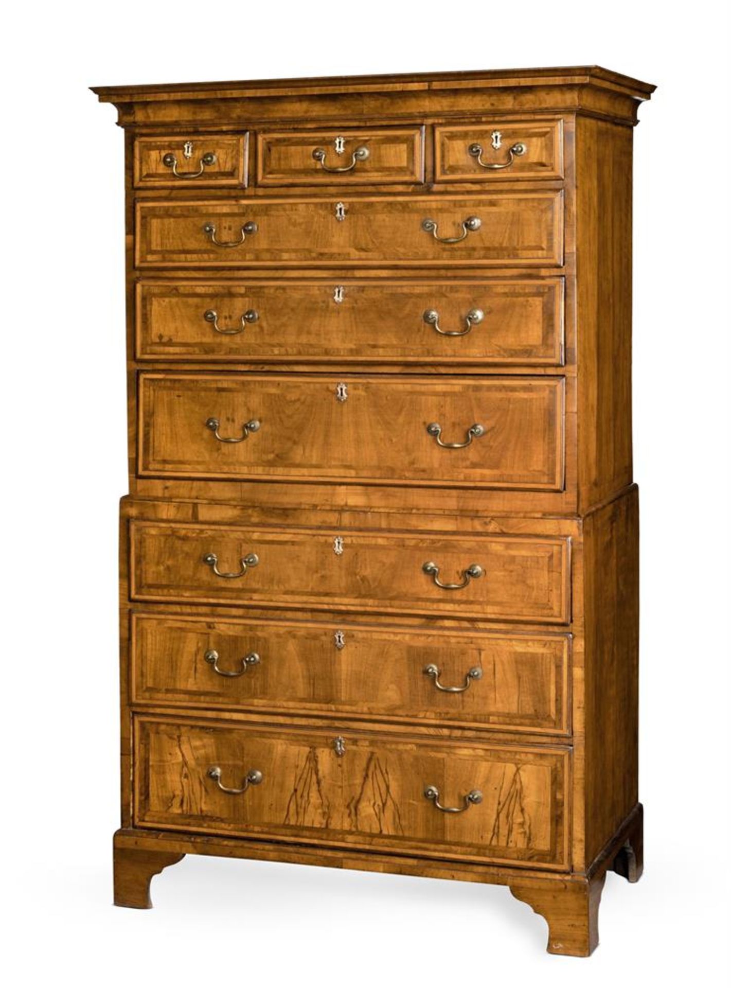 A GEORGE III WALNUT AND FRUIT WOOD CROSSBANDED CHEST ON CHEST, CIRCA 1780