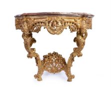 A CONTINENTAL CARVED GILTWOOD CONSOLE TABLE, LATE 18TH OR 19TH CENTURY