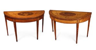 Y A MATCHED PAIR OF SATINWOOD AND MARQUETRY DEMI-LUNE FOLDING CARD TABLES