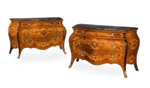 A PAIR OF CONTINENTAL WALNUT AND MARQUETRY MARBLE TOPPED SERPENTINE COMMODES