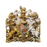 A CARVED AND POLYCHROME DECORATED HERALDIC BADGE, THE ROYAL COAT OF ARMS