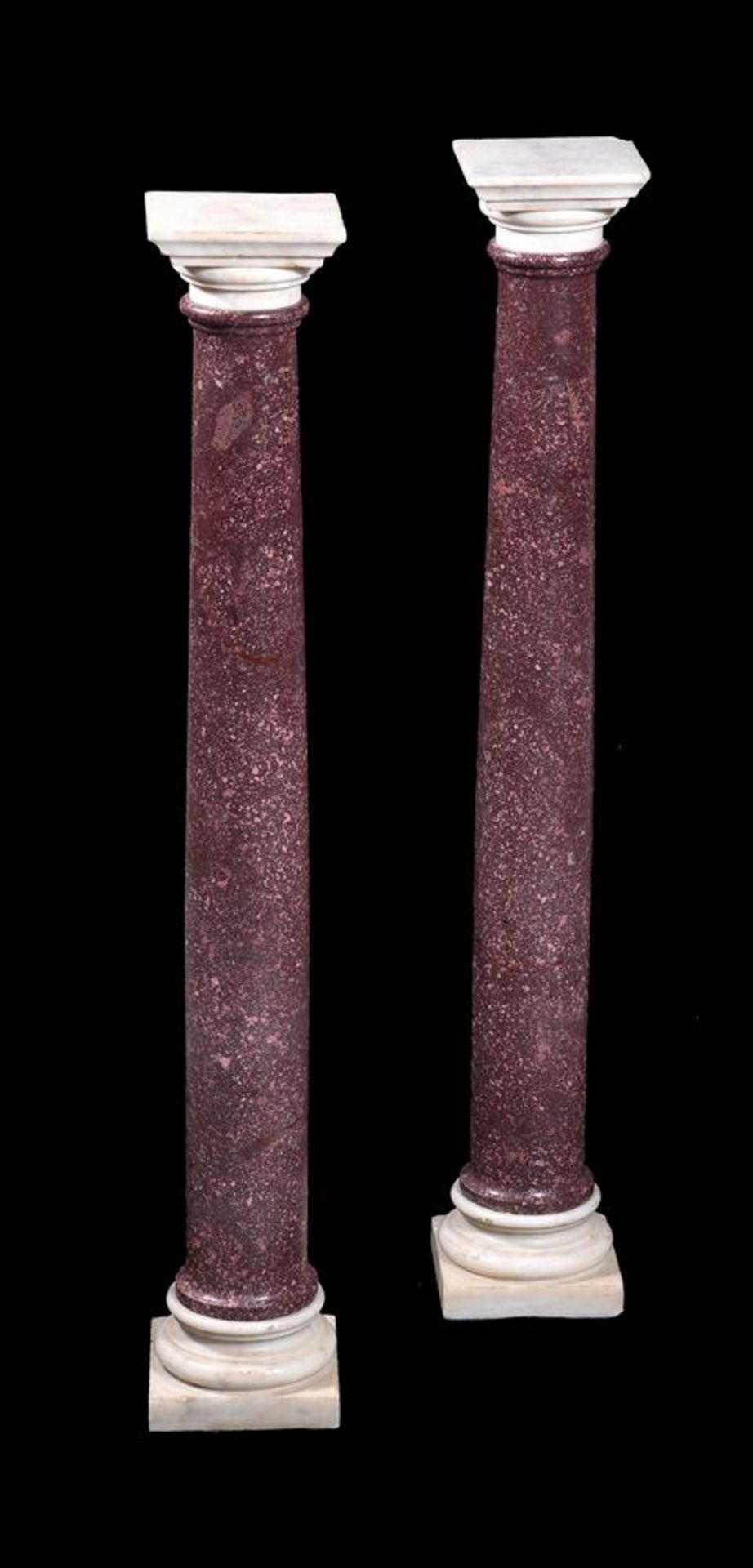 A PAIR OF WHITE MARBLE AND RED PORPHYRITIC STONE COLUMNS, 20TH CENTURY