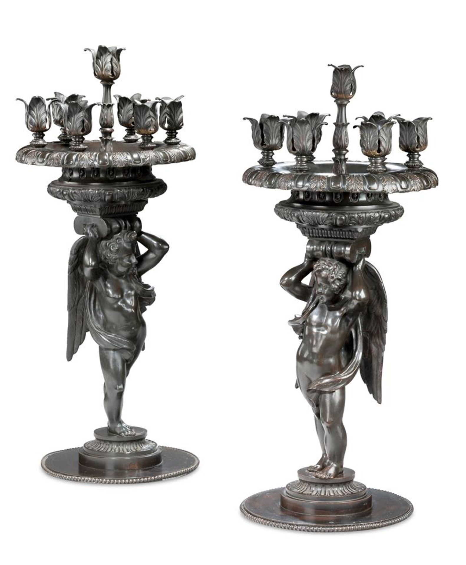 A PAIR OF BRONZE FIGURAL TABLE CANDELABRA, ITALIAN, LATE 19TH/EARLY 20TH CENTURY
