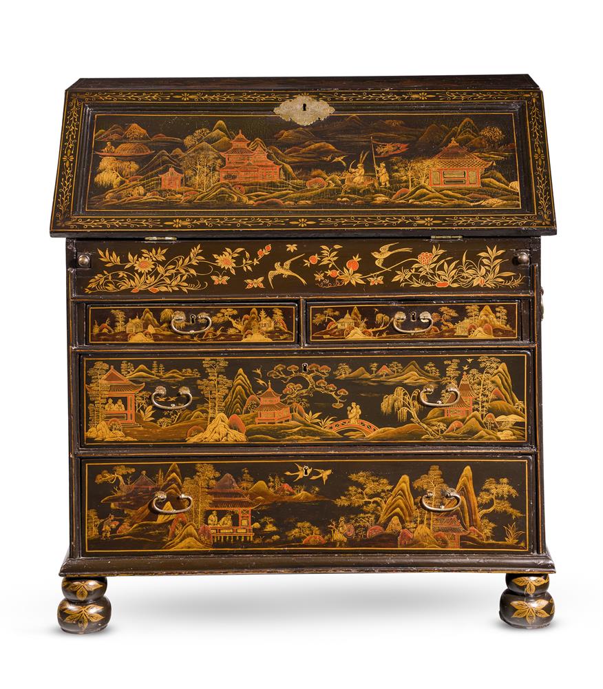 A BLACK LACQUER AND GILT CHINOISERIE DECORATED BUREAU, IN QUEEN ANNE STYLE