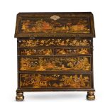 A BLACK LACQUER AND GILT CHINOISERIE DECORATED BUREAU, IN QUEEN ANNE STYLE