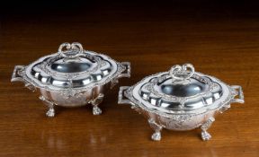 A PAIR OF GEORGE IV SILVER SAUCE TUREENS AND COVERS, ROBERT HENNELL, LONDON 1817