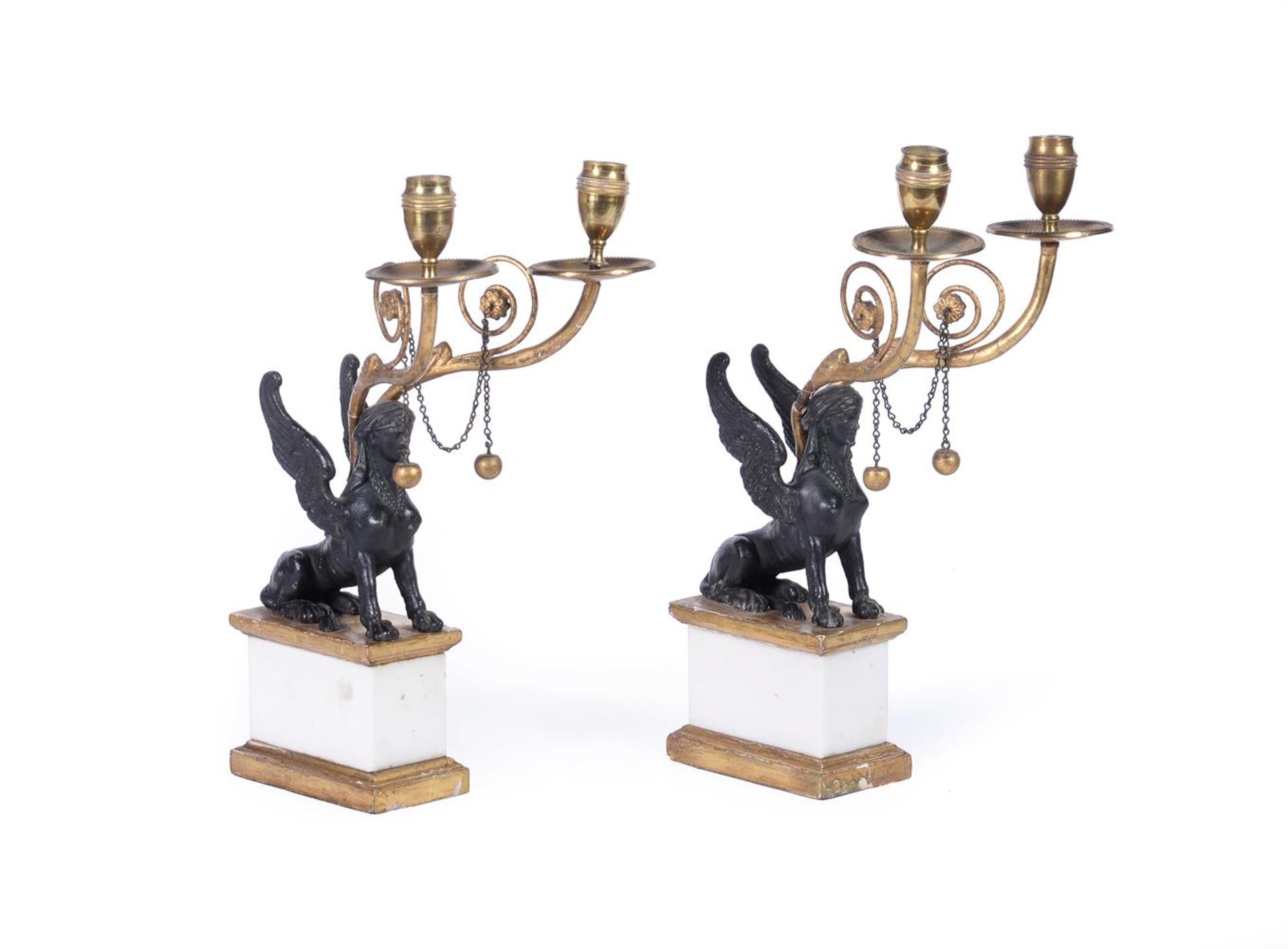 A PAIR OF REGENCY STYLE BLACK SPELTER AND MARBLE CANDELABRA, LATE 19TH CENTURY