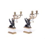 A PAIR OF REGENCY STYLE BLACK SPELTER AND MARBLE CANDELABRA, LATE 19TH CENTURY