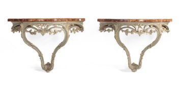 A PAIR OF CREAM AND PALE BLUE PAINTED CONSOLE TABLES, IN GEORGE III STYLE, 19TH CENTURY