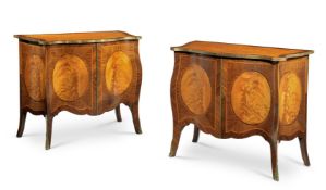 Y A PAIR OF TULIPWOOD AND HAREWOOD SERPENTINE COMMODES, IN GEORGE III STYLE