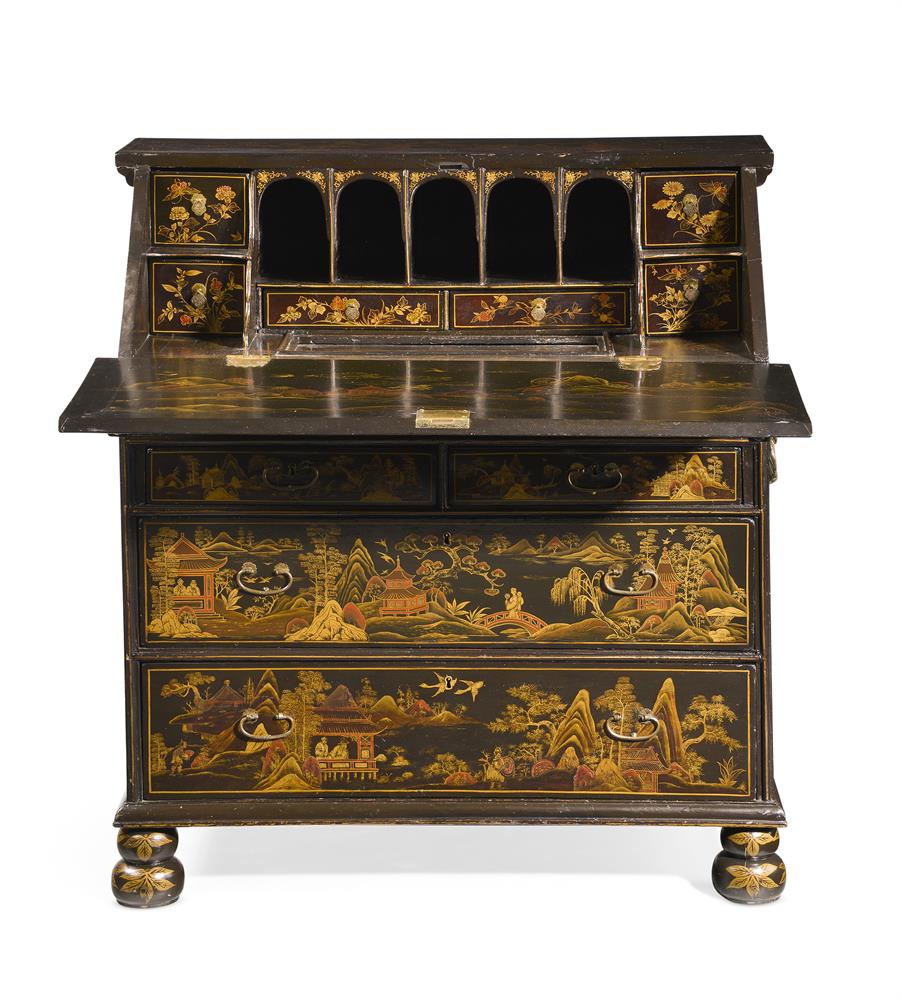 A BLACK LACQUER AND GILT CHINOISERIE DECORATED BUREAU, IN QUEEN ANNE STYLE - Image 2 of 10