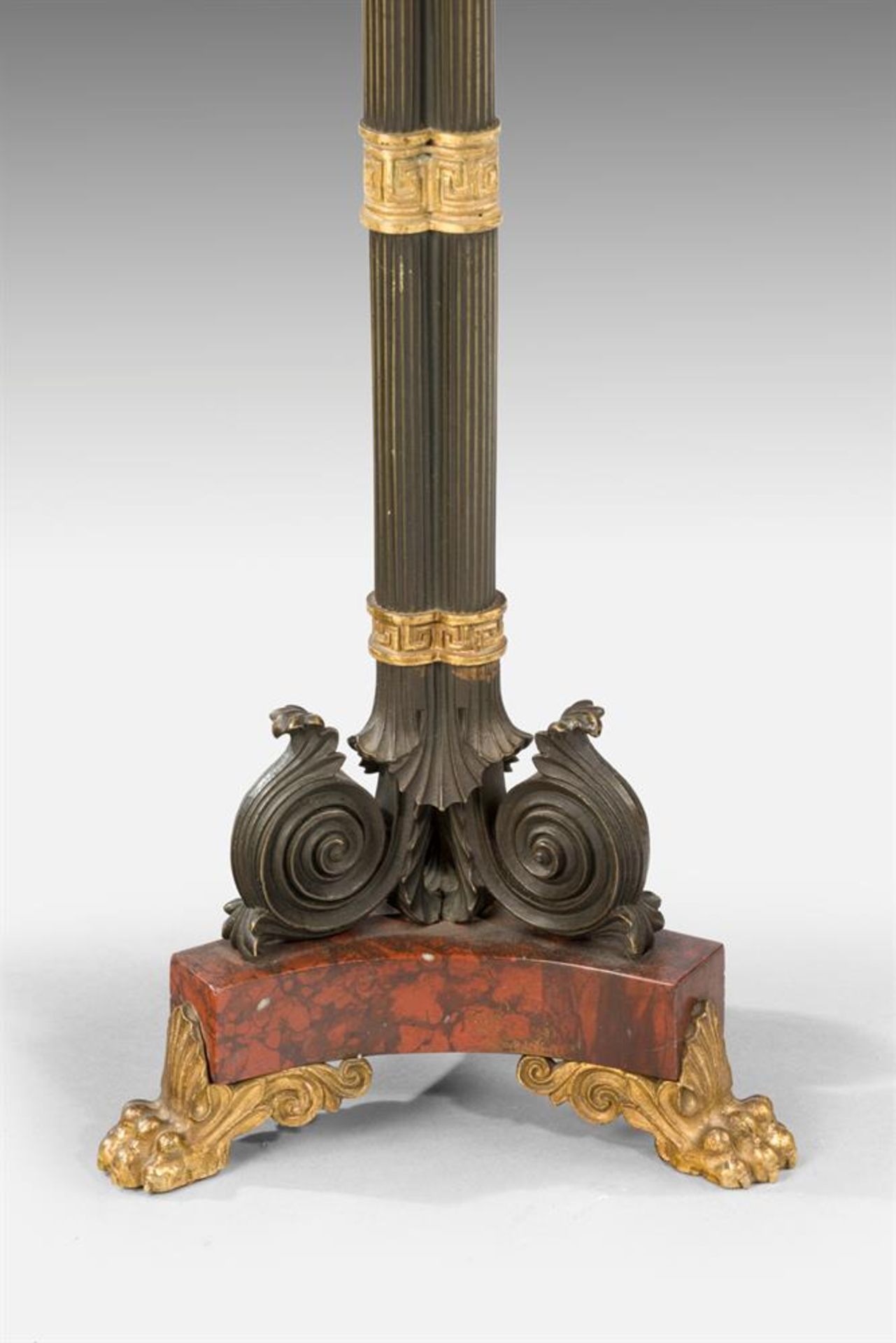 A PAIR OF GILT AND PATINATED CLUSTER COLUMN THREE LIGHT CANDELABRA, 19TH CENTURY - Image 2 of 3