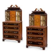 A PAIR OF VICTORIAN MAHOGANY, SYCAMORE AND INLAID CABINET ON CHESTS, IN GEORGE III STYLE, CIRCA 1880