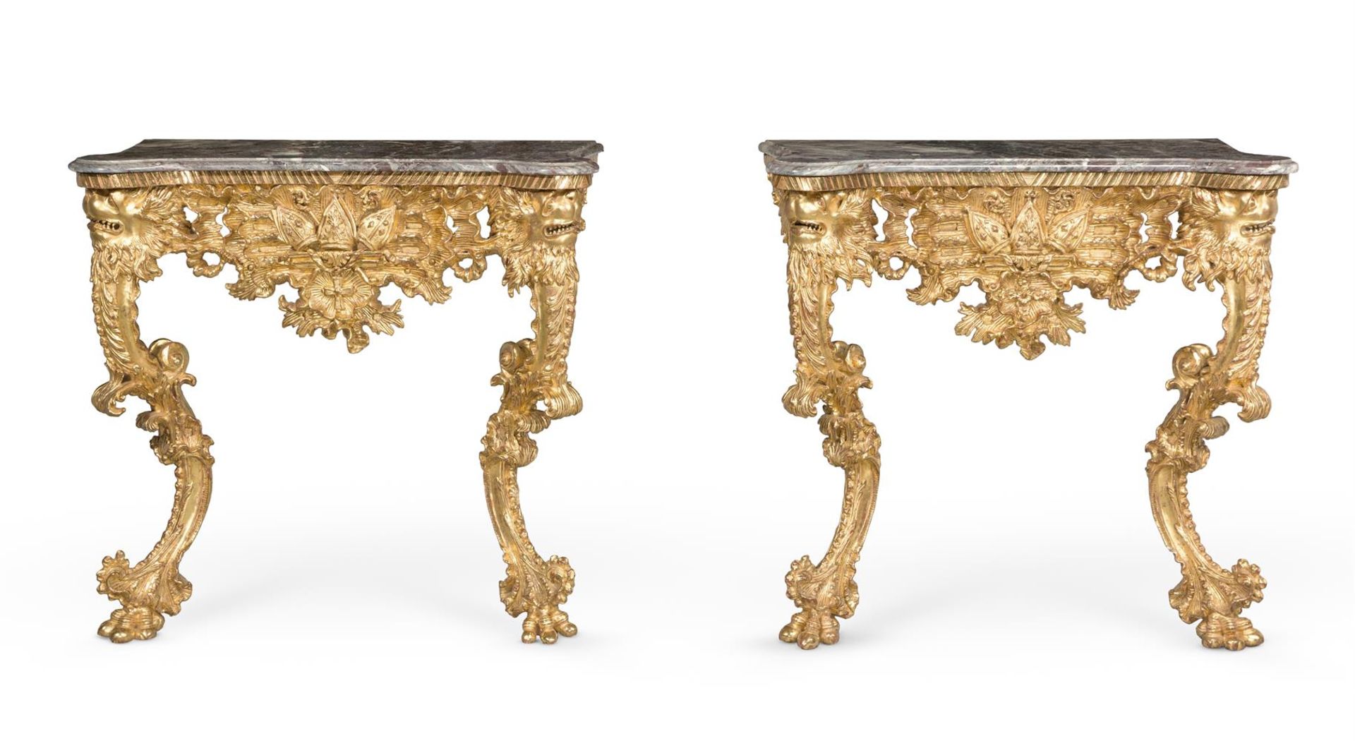 A PAIR OF ITALIAN CARVED GILTWOOD CONSOLE TABLES, MID 18TH CENTURY
