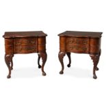 A PAIR OF NORTH EUROPEAN WALNUT SERPENTINE FRONTED SIDE TABLES, IN MID 18TH CENTURY STYLE