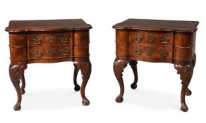 A PAIR OF NORTH EUROPEAN WALNUT SERPENTINE FRONTED SIDE TABLES, IN MID 18TH CENTURY STYLE