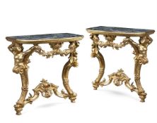 A PAIR OF ITALIAN CARVED GILTWOOD CONSOLE TABLES, LATE 18TH/EARLY 19TH CENTURY