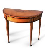 Y A GEORGE III SATINWOOD AND MARQUETRY SEMI-ELLIPTICAL FOLDING CARD TABLE, CIRCA 1790