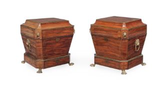 A PAIR OF REGENCY MAHOGANY AND BRASS INLAID WINE COOLERS, CIRCA 1820