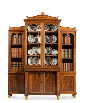 A REGENCY ROSEWOOD AND BRASS INLAID BREAKFRONT LIBRARY BOOKCASE, CIRCA 1815